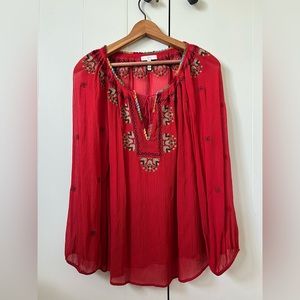 Red crepe embroidered blouse
